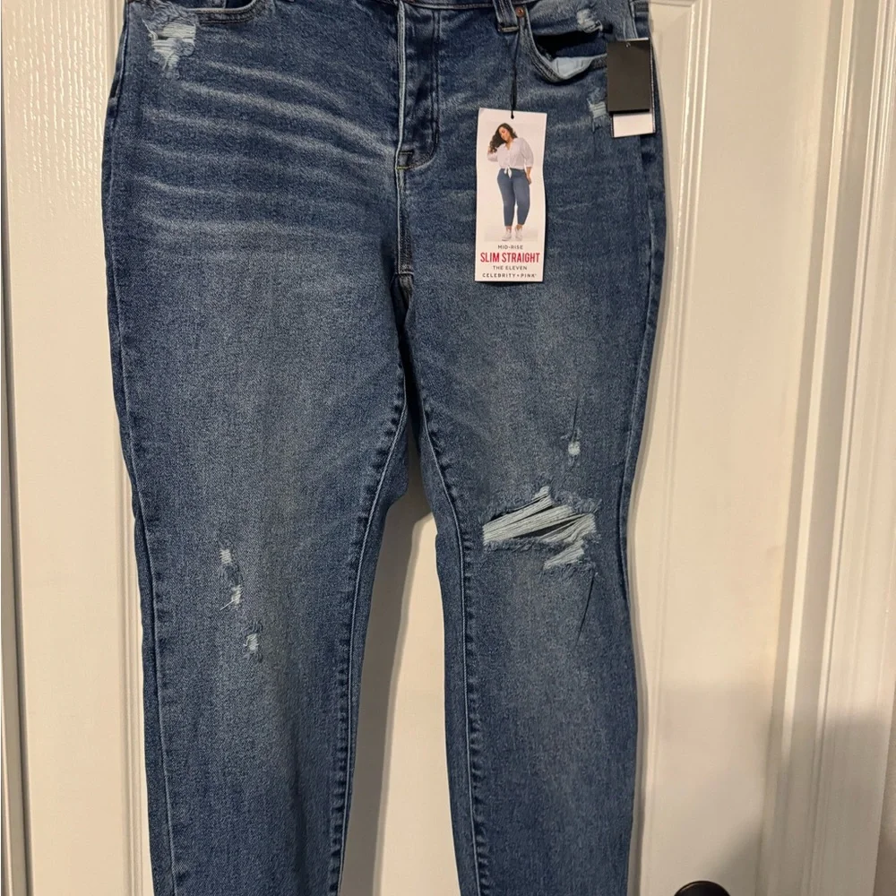 Celebrity Pink Women's Distressed Blue Straight Leg Jeans - Picture 4 of 4